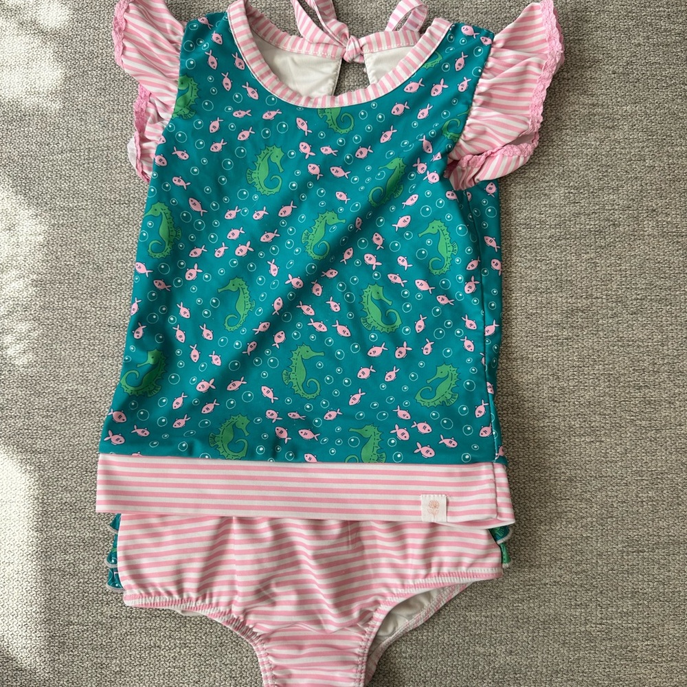 SweetHoney 5Y Miki Rash Guard - Seahorse Lagoon Teal and Pink Kids Swim tankini